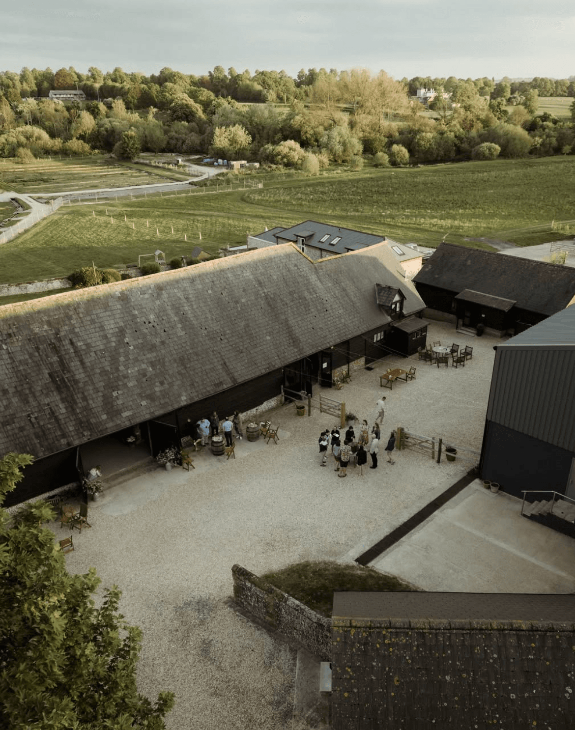 Aerial view of Pinglestone Barn and vineyard, Hampshire